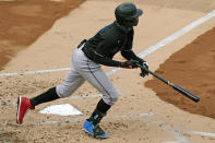 Miami Marlins shortstop Jazz Chisholm (70) hits a run-scoring double during the second inning of a baseball game against the New York Yankees, Sunday, Sept. 27, 2020, at Yankee Stadium in New York. (AP Photo/Kathy Willens)