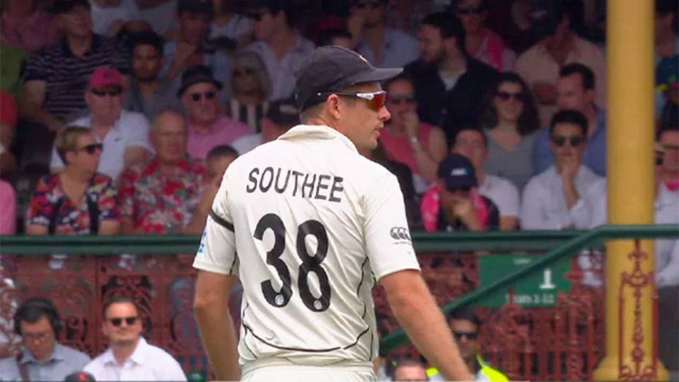 Despite being rested from the XI, Tim Southee was on as a substitute fielder early on day one at the SCG. Pic: Fox Sports