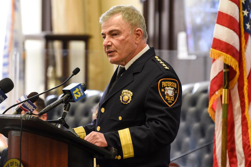 Twelve new diverse police officers are sworn in at City Hall in Paterson on Tuesday January 19, 2021. Paterson Chief of Police Ibrahhim "Mike" Baycora speaks during the swearing in ceremony. 