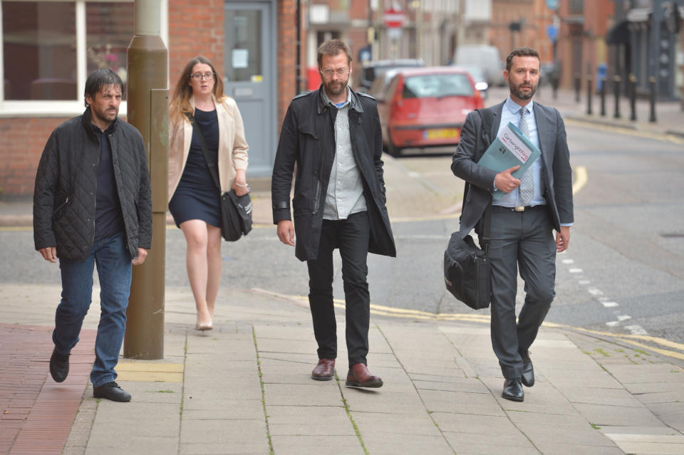 Ex-Kasabian singer, Tom Meighan, arrives at Leicester Magistrates' Court where he is appearing on a domestic assault charge.