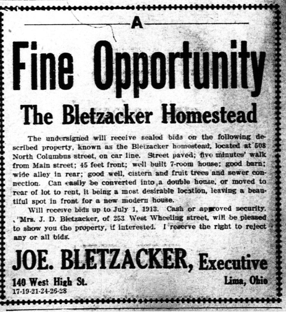 The Bletzacker family homestead at 508 N. Columbus St. was for sale in 1913. This ad appeared in the Daily Eagle on June 24, 1913.