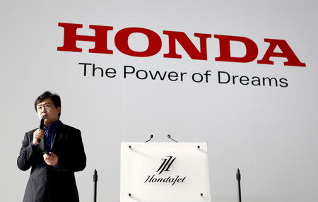 FILE PHOTO: Honda Aircraft Company's President and Chief Executive Officer Michimasa Fujino speaks during a news conference after the HondaJet makes its first appearance in Japan at Haneda Airport in Tokyo April 23, 2015. REUTERS/Yuya Shino