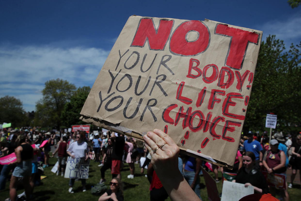 Boston, MA - May 14: A person carries a message  during Bans Off Our Bodies, a pro-choice rally on Boston Common in Boston on May 16, 2022 in protest of the leaked draft Supreme Court decision that would overturn Roe v. Wade. (Photo by Craig F. Walker/The Boston Globe via Getty Images)