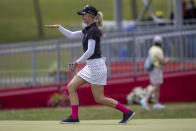 Madelene Sagstrom reacts on the 18th hole during the first round of the Meijer LPGA Classic golf tournament at the Blythefield Country Club in Belmont, Mich., Thursday, June 17, 2021. (Cory Morse/The Grand Rapids Press via AP)