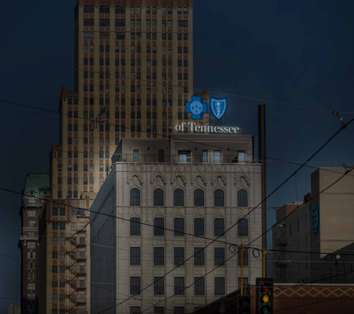 A rendering of the Blue Cross Blue Shield of Tennessee sign atop the Commonwealth Building at 240 Madison Ave. in Downtown Memphis.