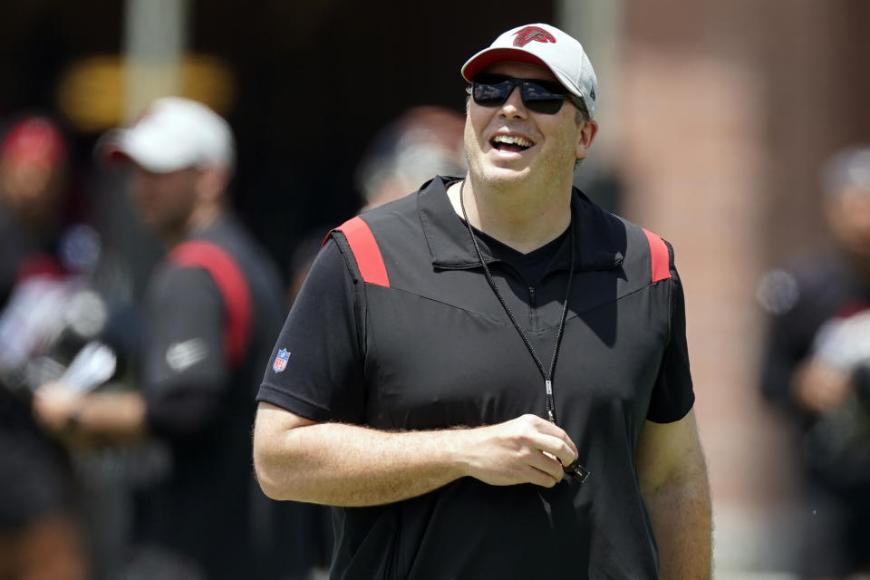 Atlanta Falcons head coach Arthur Smith watches during the NFL football team's rookie minicamp, Saturday, May 14, 2022, in Flowery Branch, Ga. (AP Photo/John Bazemore)