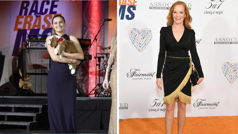 (Left) Mariella Rickel helps auction off the puppy during the 30th Annual Race to Erase MS Gala at the Fairmont Century Plaza in Century City, (Right) Marg Helgenberger attends the charity gala. (Phillip Faraone/Getty Images for Race to Erase MS; Jon Kopaloff/Getty Images)