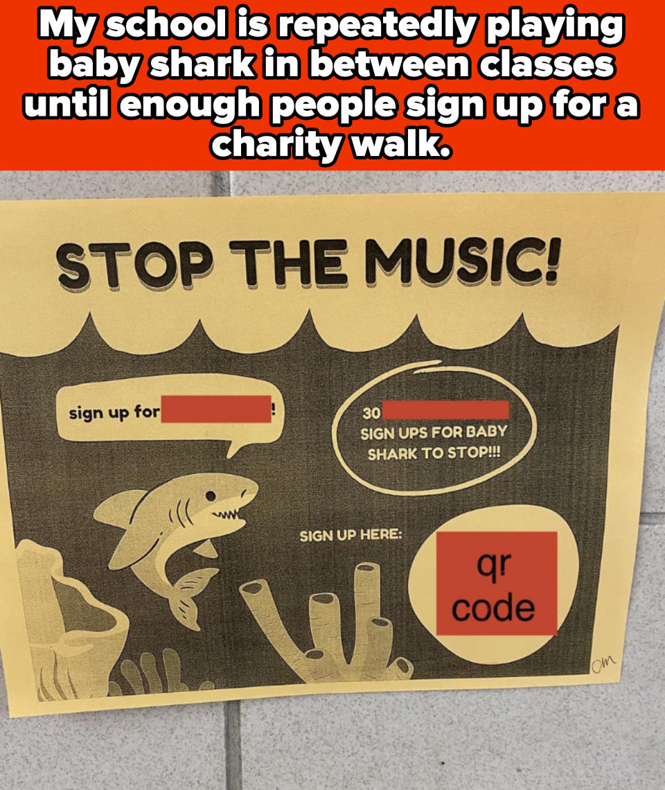 Poster with a shark and text: "Stop the music! 30 sign-ups for Baby Shark to stop! Sign up here:" followed by a QR code