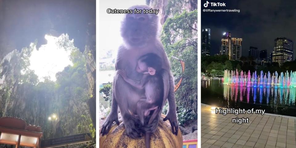 Screenshots of a cave, a monkey and a fountain in Malaysia.
