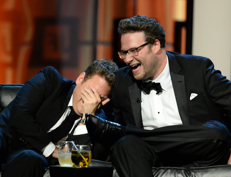 CULVER CITY, CA - AUGUST 25:  Actor Jonah Hill (L) and roast master Seth Rogen onstage during The Comedy Central Roast of James Franco at Culver Studios on August 25, 2013 in Culver City, California. The Comedy Central Roast Of James Franco will air on September 2 at 10:00 p.m. ET/PT.  (Photo by Jason Merritt/Getty Images for Comedy Central)