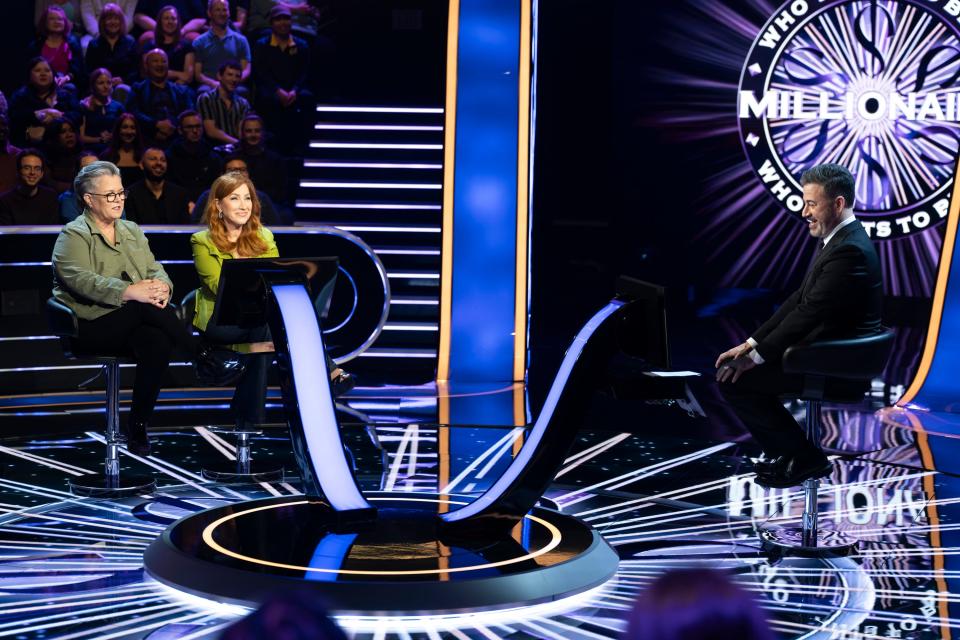 Rosie O'Donnell and Lisa Ann Walter perform for charity in the July 17, 2024 episode of "Who wants to be a millionaire?" moderated by Jimmy Kimmel.