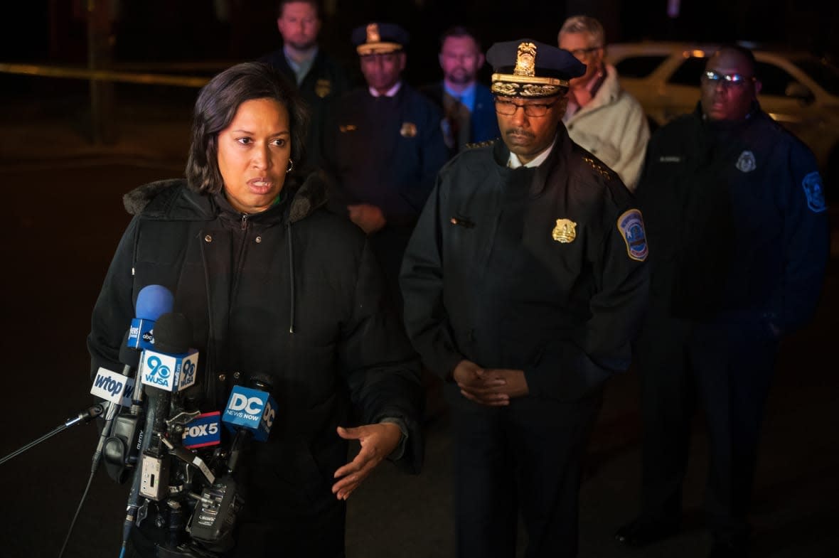 DC Mayor Muriel Bowser speaks to reporters near the scene of a shooting on a metro bus at the corner of 14th and Sheridan St NW in the Brightwood neighborhood in Washington, DC on January 11, 2023. The shooting followed an altercation that occurred after several individuals boarded a bus and assaulted one individual. A gun was brandished and three people were shot; one adult male and one boy and one girl both under the age of 10. The individuals shot are reported to have serious but non life threatening injuries.(Photo by Craig Hudson for The Washington Post via Getty Images)