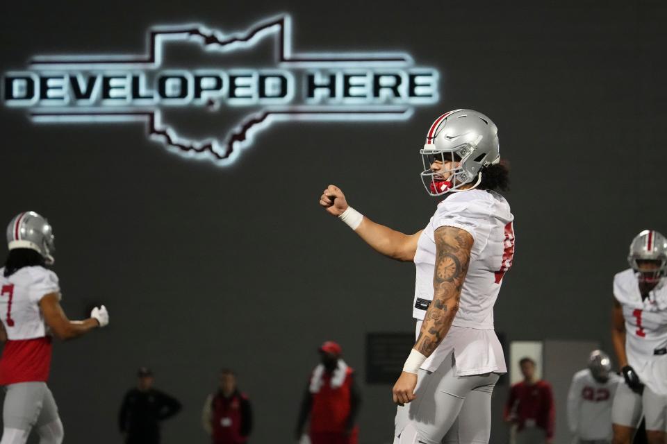 Mar 7, 2024; Columbus, OH, USA; Ohio State Buckeyes safety Lathan Ransom (8) motions during spring football practice at the Woody Hayes Athletic Center.