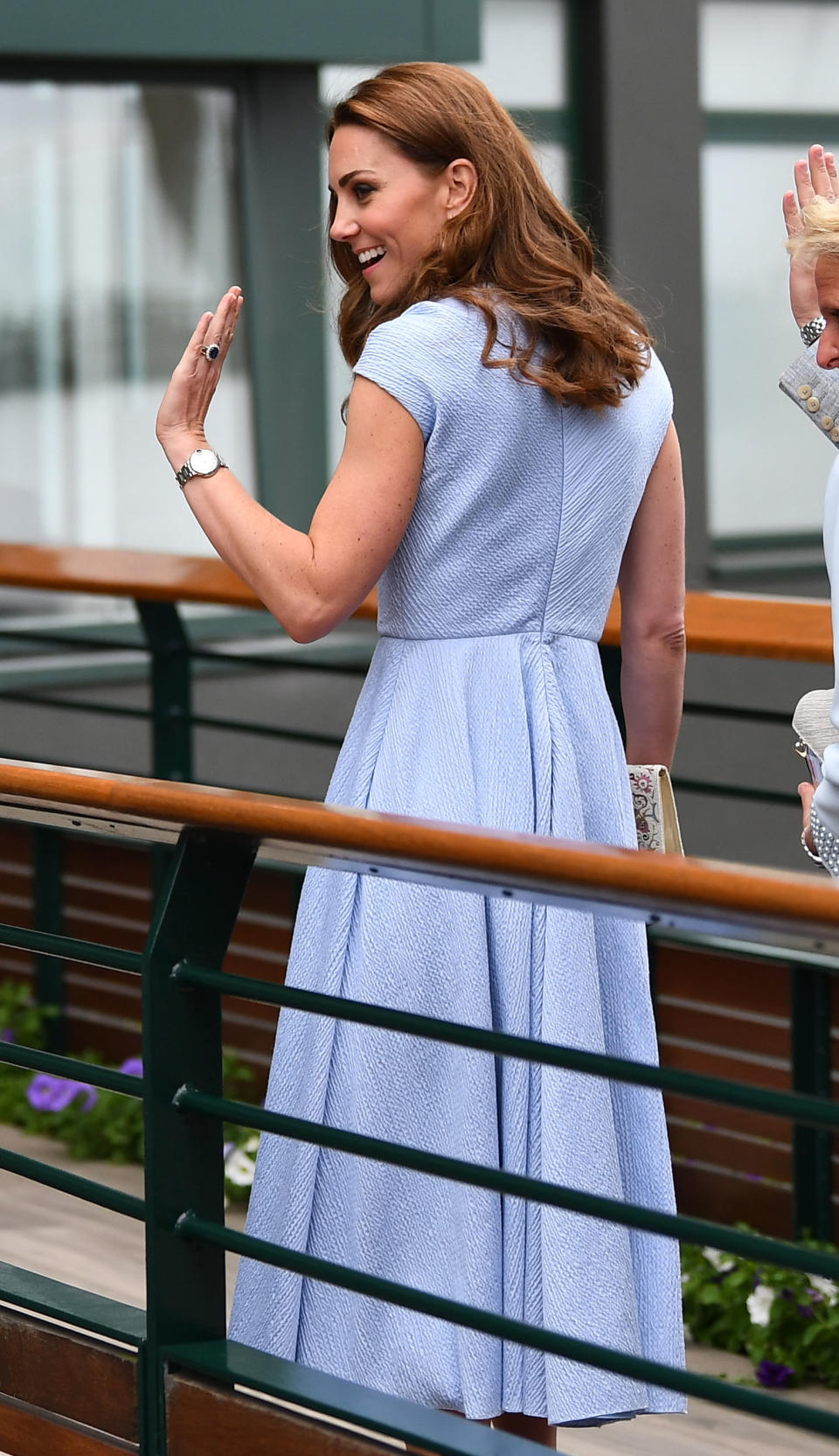 LONDON, UNITED KINGDOM - JULY 14: Catherine, Duchess of Cambridge arrives ahead of the Men's Singles Final on day thirteen of the Wimbledon Championships at the All England Lawn Tennis and Croquet Club, Wimbledon on July 14, 2019, in London, England. (Photo by Victoria Jones - WPA Pool/Getty Images)