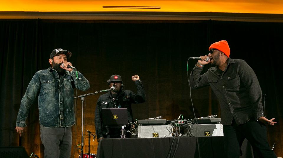 Easy Lee (Charles Peters), right, Mexican StepGrandfather (Marco Cervantes), left, and DJ Chicken George (Jeffrey Henry) performing as Third Root at a KUTX-sponsored performance at Four Seasons Austin in 2017.