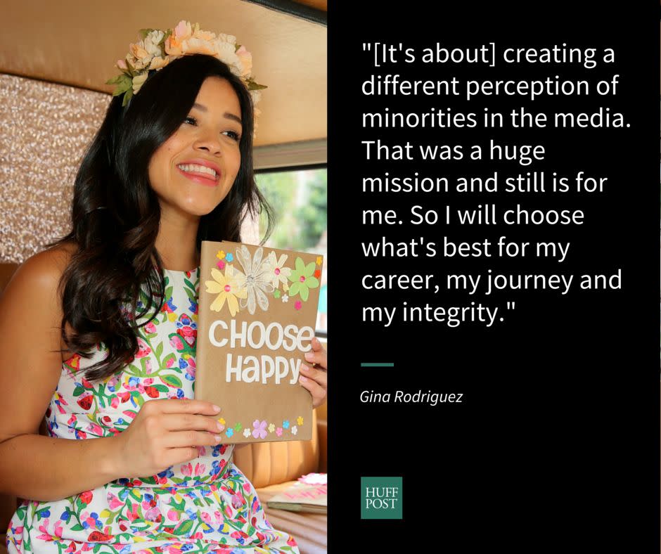 <p><a href="http://www.huffingtonpost.com/2015/04/21/gina-rodriguez-minorities-in-the-media_n_7109398.html">Interview</a>&nbsp;with HuffPost Live. More on her mission in <a href="http://www.huffingtonpost.com/2015/06/26/gina-rodriguez-latino-representation_n_7648638.html">this interview</a>&nbsp;with The Huffington Post.&nbsp;</p>