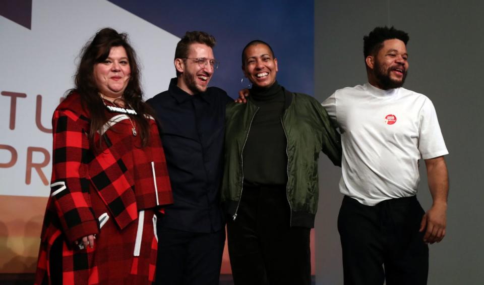 Tai Shani, Lawrence Abu Hamdan, Helen Cammock and Oscar Murillo after being announced as the winners of the 2019 Turner Prize (PA)