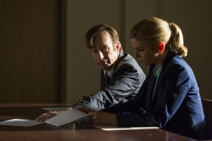 Bob Odenkirk as Jimmy McGill and Rhea Seehorn as Kim Wexler in AMC's Better Call Saul. (Photo: Michele K. Short/AMC/Sony Pictures Television)