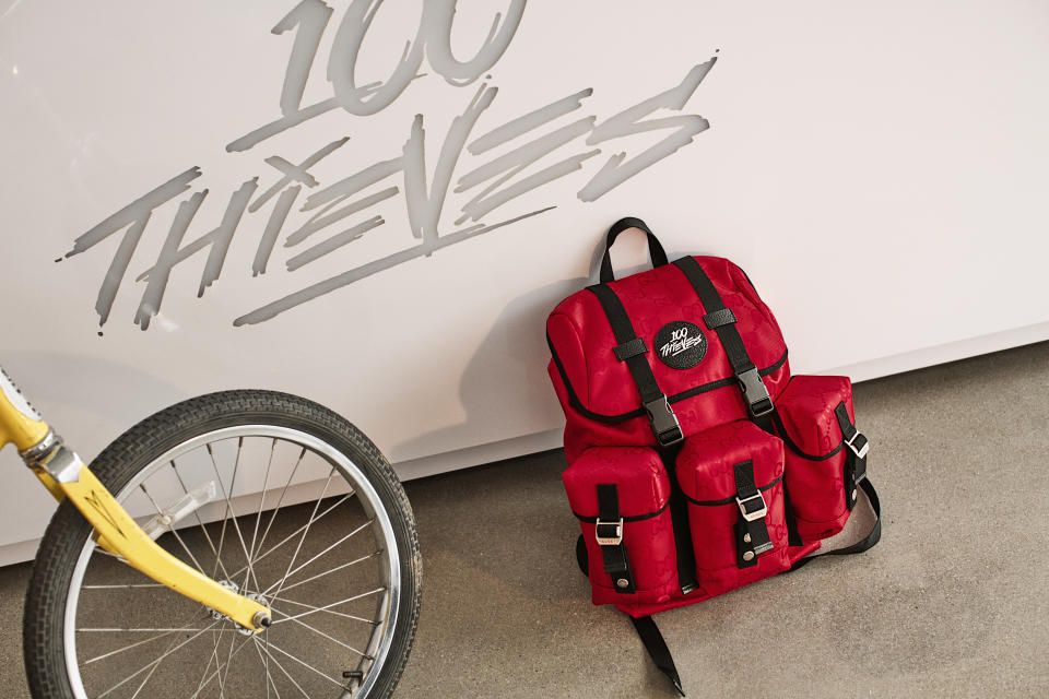 The 100 Thieves x Gucci backpacks are created from sustainable materials.