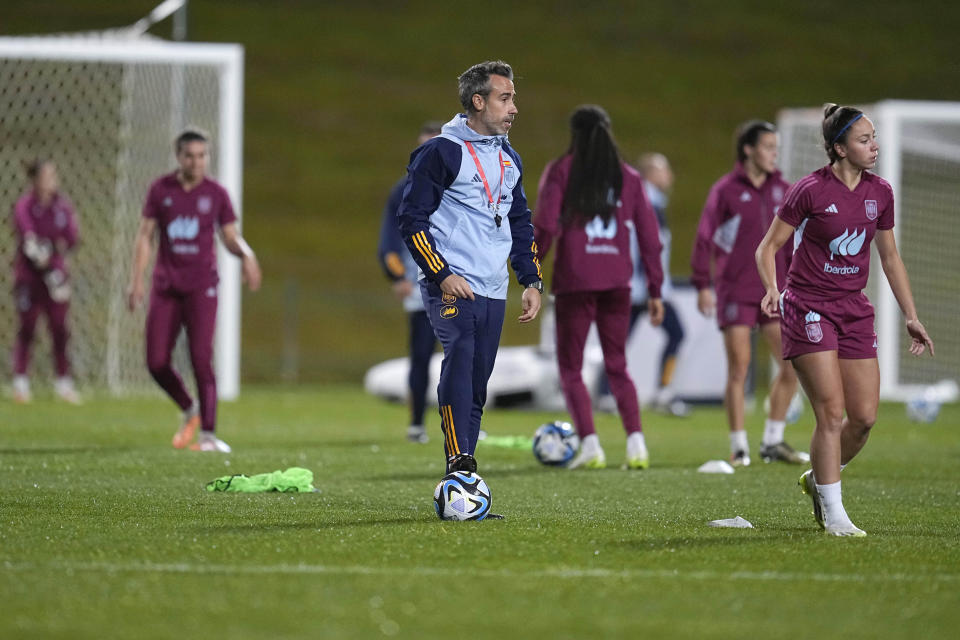 Spain's head coach Jorge Vilda attends a training session in Auckland, New Zealand, Sunday, Aug.13, 2023. Spain will play against Sweden in a Women's World Cup semifinal match on Tuesday, Aug.15. (AP Photo/Abbie Parr)