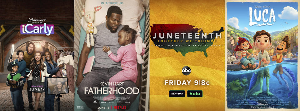 Esta combinación de fotografías muestra de izquierda a derecha, el arte promocional de la serie "iCarly", que se estrena el 17 de junio en Paramount+, "Fatherhood" una película que se estrena el viernes en Netflix, "Juneteenth: Together We Triumph" un especial de televisión que se transmite el viernes en ABC, y "Luca" un largometraje animado que se estrena el viernes en Disney+.(Paramount+/Netflix/ABC/Disney+ via AP)