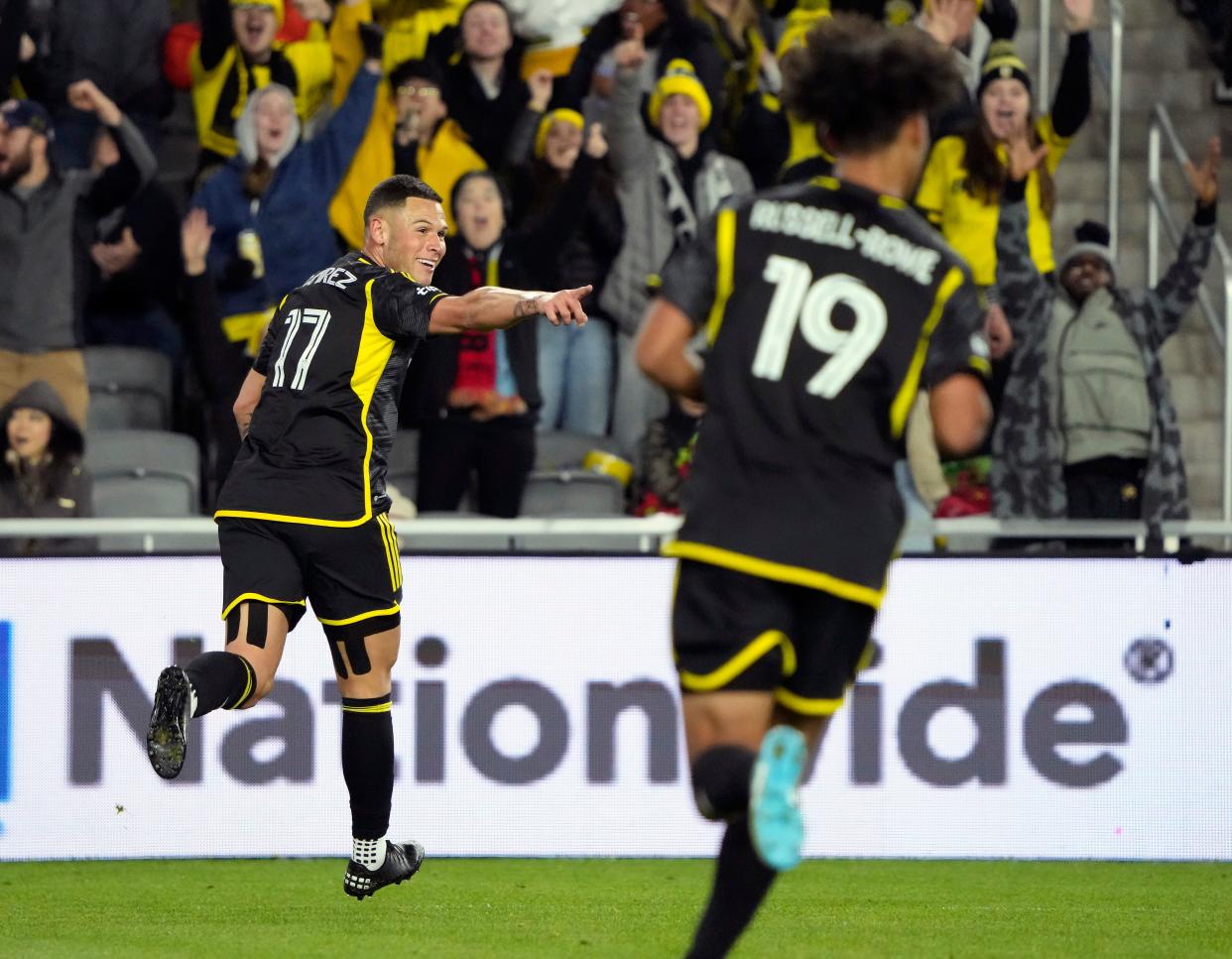 Mar 25, 2023; Columbus, Ohio, USA; Columbus Crew forward Christian Ramirez (17) celebrates after scoring a goal against Atlanta United during the second half of their MLS game at Lower.com Stadium. 