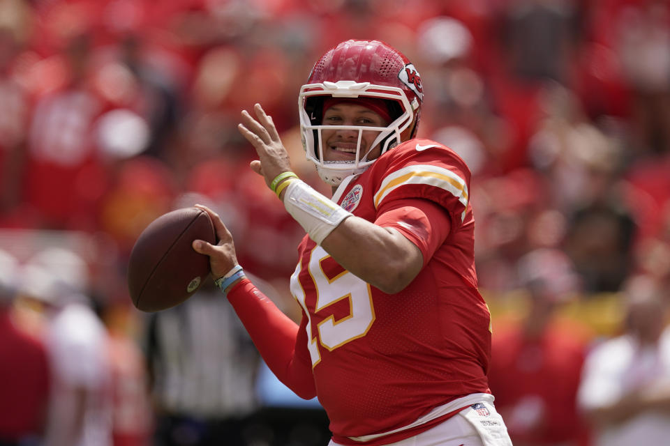 Kansas City Chiefs quarterback Patrick Mahomes warms up before the start of a preseason NFL football game against the Washington Commanders Saturday, Aug. 20, 2022, in Kansas City, Mo. (AP Photo/Charlie Riedel)