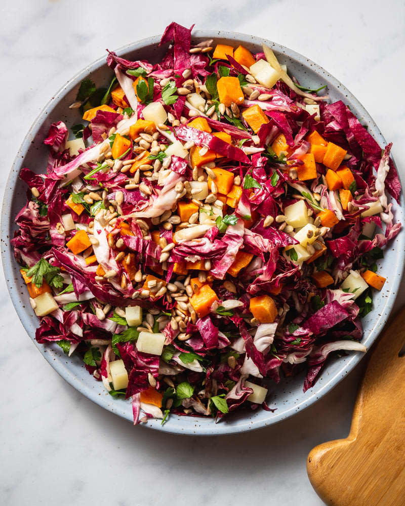 Raw and Roasted Radicchio Salad with Sweet Potato, Manchego, and Crunchy Seeds