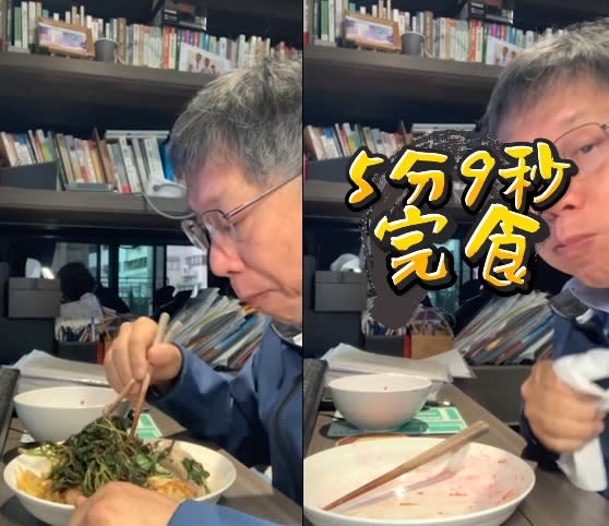 柯文哲公開居隔期間的「進食秀」，還向兩位大食量YouTuber發起挑戰帖   圖:柯文哲臉書