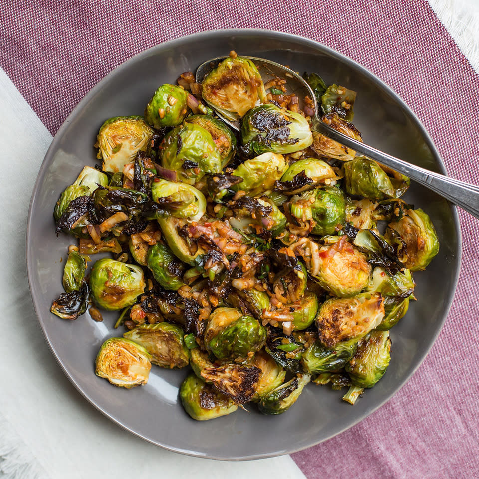This April 2017 photo shows spicy Brussels sprouts. This dish is from a recipe by Katie Workman. (Sarah Crowder via AP)
