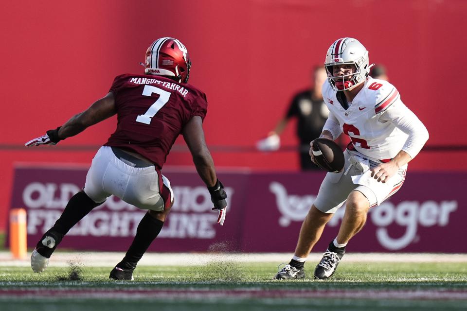 Ohio State's Kyle McCord was 20 for 33 passing for 239 yards against Indiana. He had one interception in the season opener without throwing a touchdown pass.