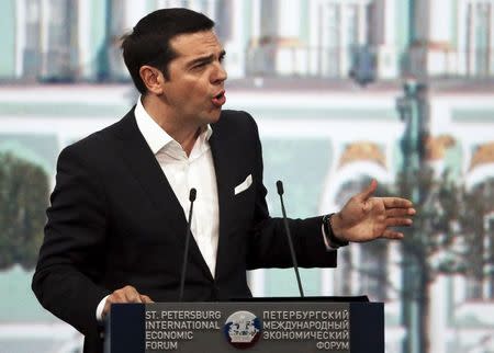 Greek Prime Minister Alexis Tsipras speaks during a session of the St. Petersburg International Economic Forum 2015 (SPIEF 2015) in St. Petersburg, Russia, June 19, 2015. REUTERS/Grigory Dukor