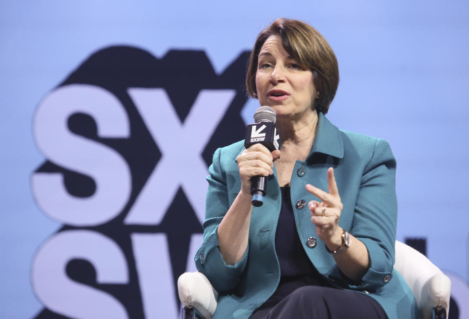 U.S. Sen. Amy Klobuchar, D-Minn., takes part in a "Conversations About America's Future" program at ACL Live during the South by Southwest Interactive Festival on Saturday, March 9, 2019, in Austin, Texas. (Photo by Jack Plunkett/Invision/AP)