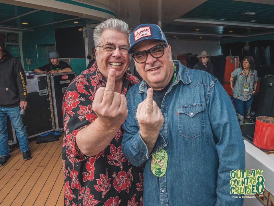 Tepper (right) with Mojo Nixon on the 2024 Outlaw Country Cruise in February. (Photo: Will Byington/Sixthman)