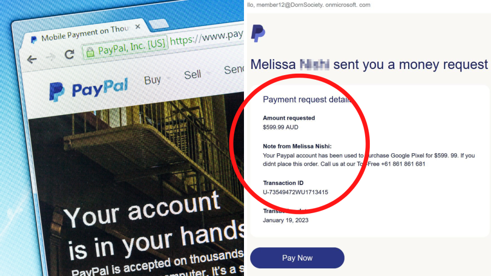 A composite image of the PayPal website in a browser and a copy of the scam email being sent to PayPal users.