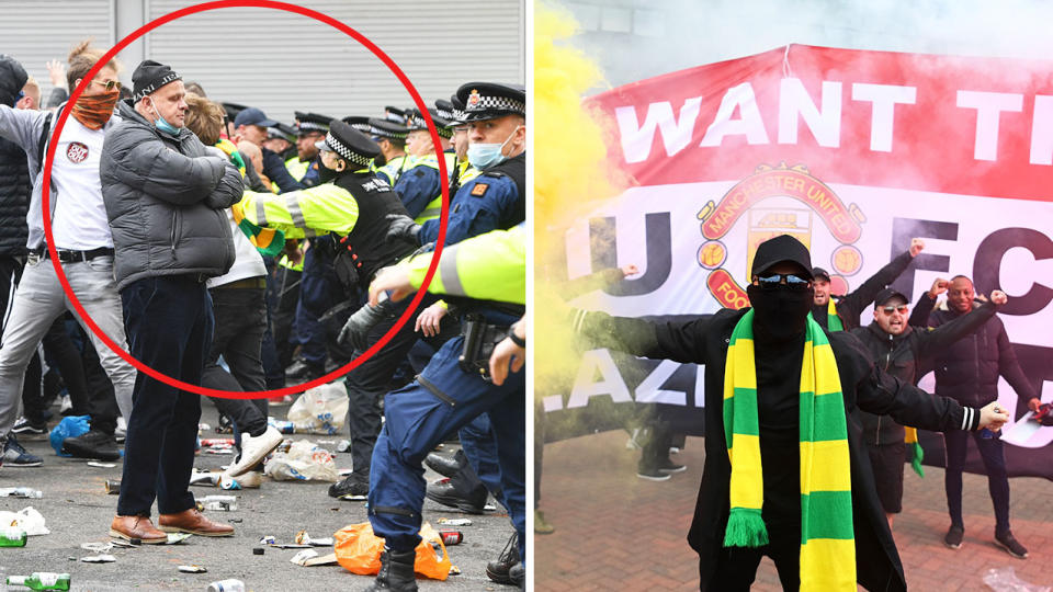 Police clear out Manchester United protesters (pictured left) at Old Trafford and and a protester holding a flair (pictured right) with a mask on in front of a banner.