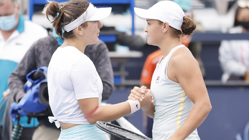 Bianca Andreescu shakes hands with Ash Barty after retiring during the final of the Miami Open. (Photo by Michael Reaves/Getty Images)