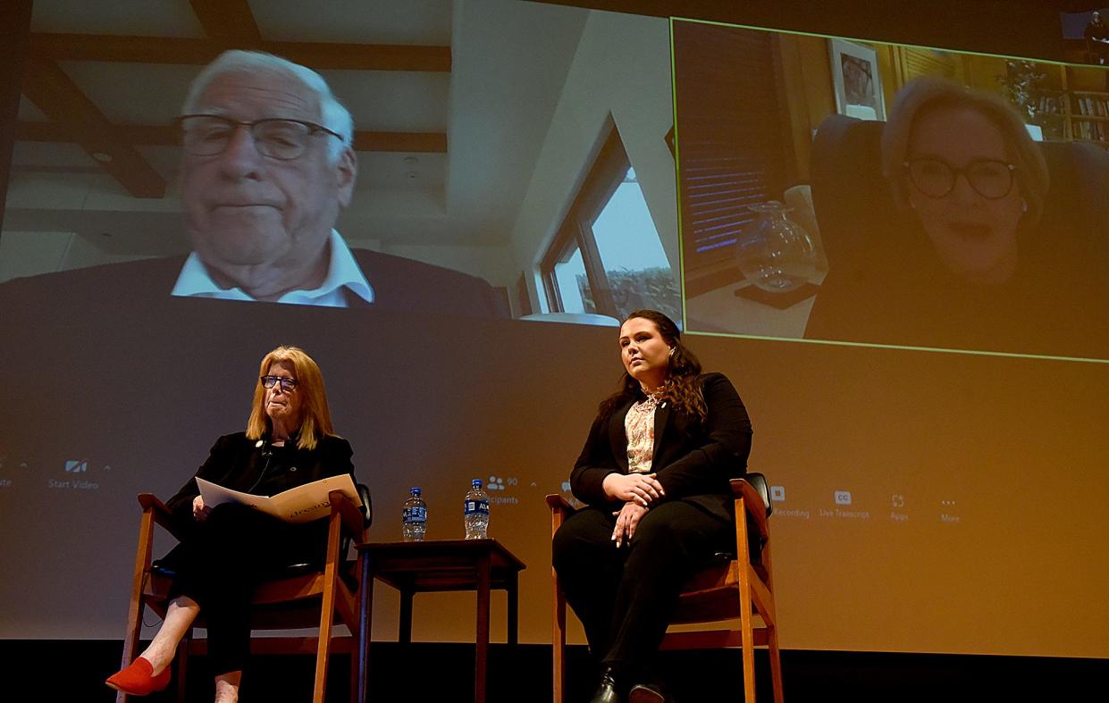 Dianne Lynch, left, president of Stephens College, and Claire Shipp, executive director of the Associated Students of the University of Missouri, listen as former U.S. Sens. John Danforth and Claire McCaskill talk about how to work across the aisle during a Zoom meeting called "Show Me the Way" on Monday at Stephens College Windsor Auditorium.