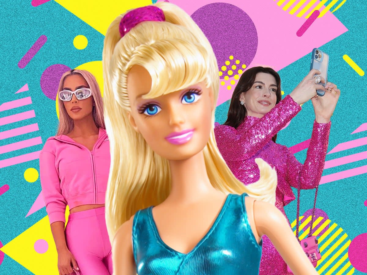 Barbie girls: Kim Kardashian, the original doll and Anne Hathaway in Valentino (Instagram/Kim Kardashian/Mattel Inc/Getty Images)