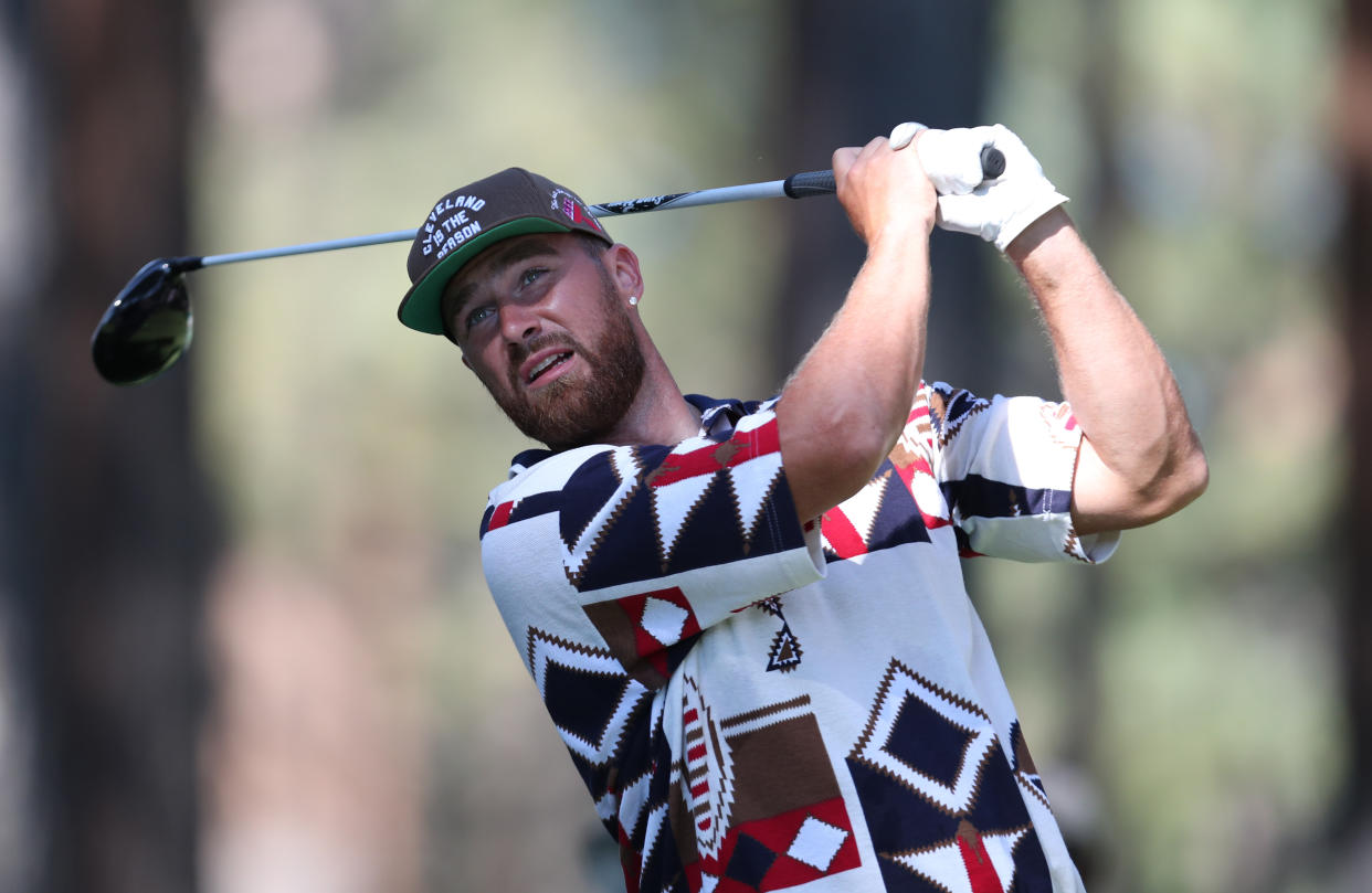 SOUTH LAKE TAHOE, NEVADA - JULY 10: NFL athlete Travis Kelce tees off on the second hole during round two of the American Century Championship at Edgewood Tahoe South golf course on July 10, 2020 in South Lake Tahoe, Nevada.  (Photo by Jed Jacobsohn/Getty Images)
