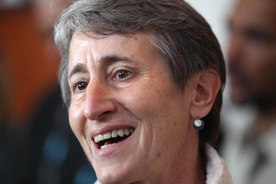 Secretary of the Interior Sally Jewell speaks reporters during a trade show for outdoor gear makers Wednesday, Jan. 22, 2014, in Salt Lake City. Jewell made a pitch Wednesday for a privately funded youth conservation corps and sought donations for the effort from executives at an outdoor-gear trade show. (AP Photo/Rick Bowmer)