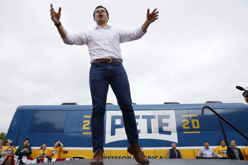 Democratic presidential candidate Pete Buttigieg speaks to supporters during the Polk County Democrats Steak Fry, Saturday, Sept. 21, 2019, in Des Moines, Iowa. (AP Photo/Charlie Neibergall)