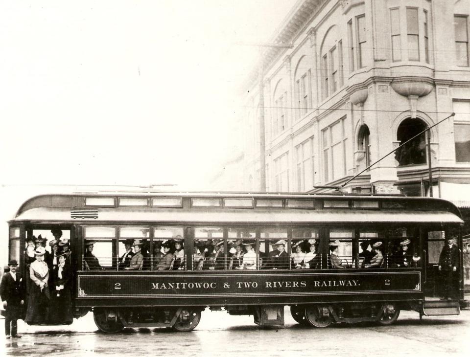 The Manitowoc & Northern Traction Company interurban line ran from Manitowoc to Two Rivers from 1902 until 1927. This photo shows Car No. 2 in front of Schuette’s store on South Eighth Street, Manitowoc, c.1902.