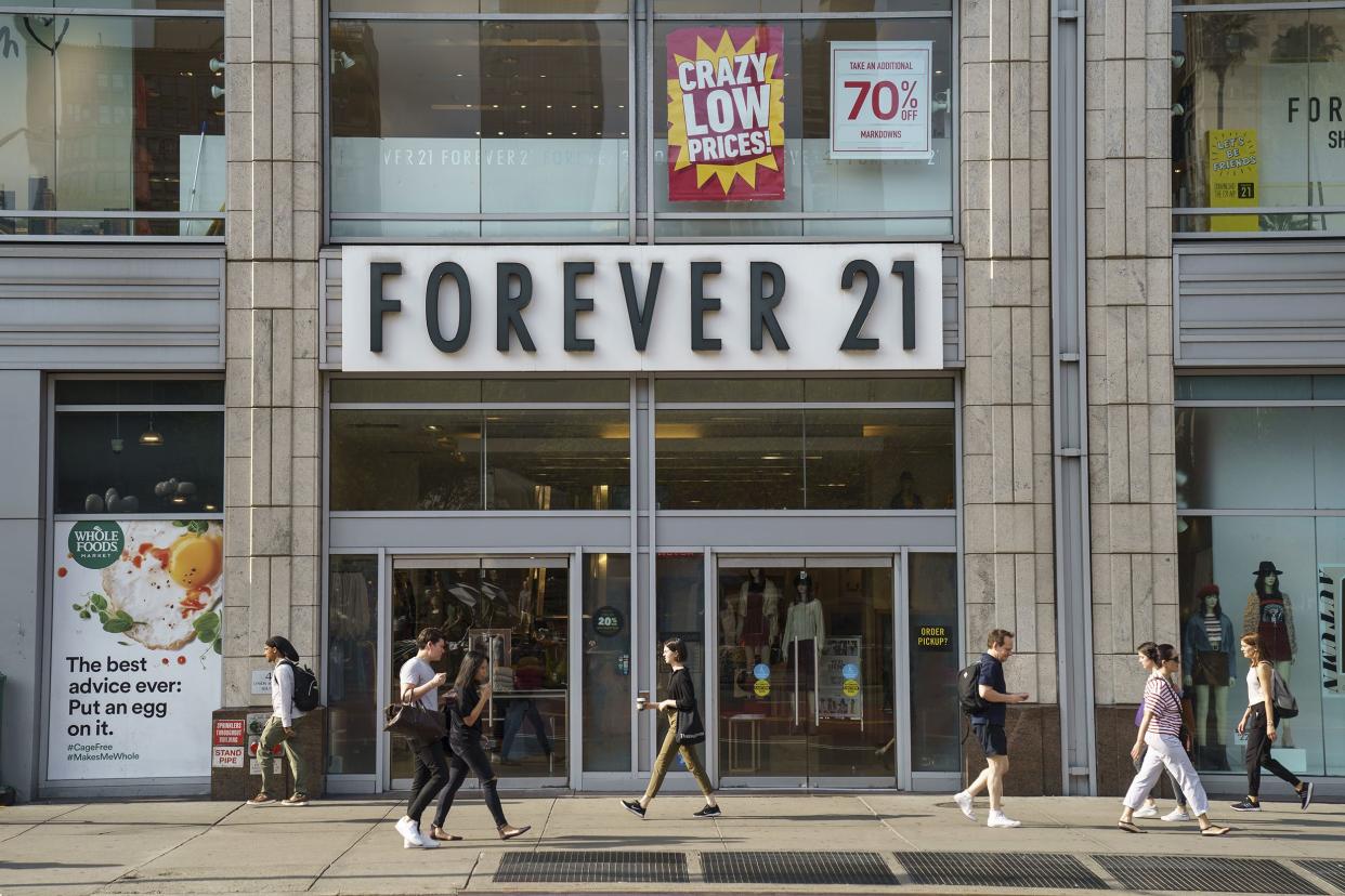 A Forever 21 store stands in Union Square in Manhattan on September 12, 2019 in New York City, people walking on sidewalk in front of it