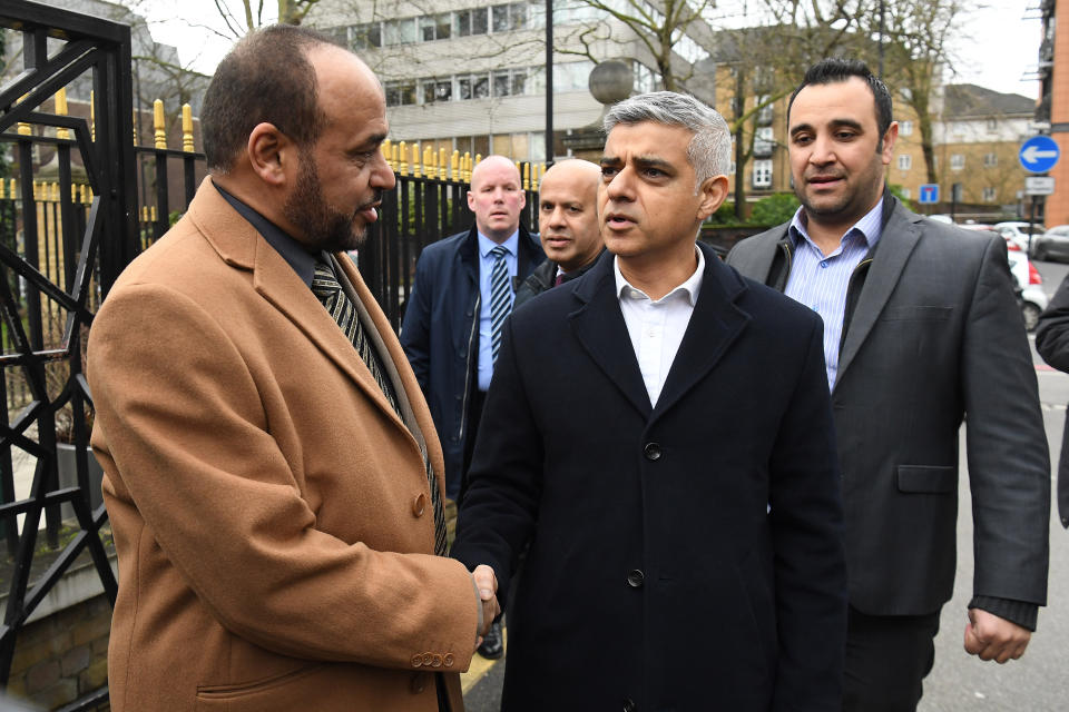 Mayor of London Sadiq Khan (centre) meets mosque Director General Dr Ahmad Al-Dubayan (left) at the London Central Mosque, near Regent's Park, north London, where a man was arrested on suspicion of attempted murder on Thursday after police were called to reports of a stabbing.