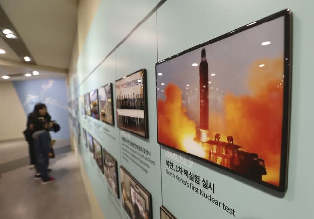 A photo showing North Korea’s missile launch is displayed at the Unification Observation Post in Paju