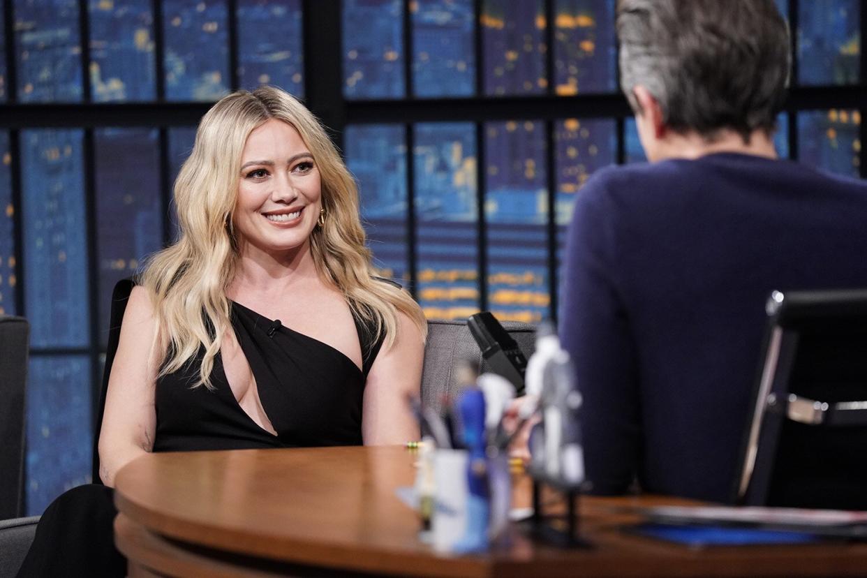 Hilary Duff during an interview with host Seth Meyers