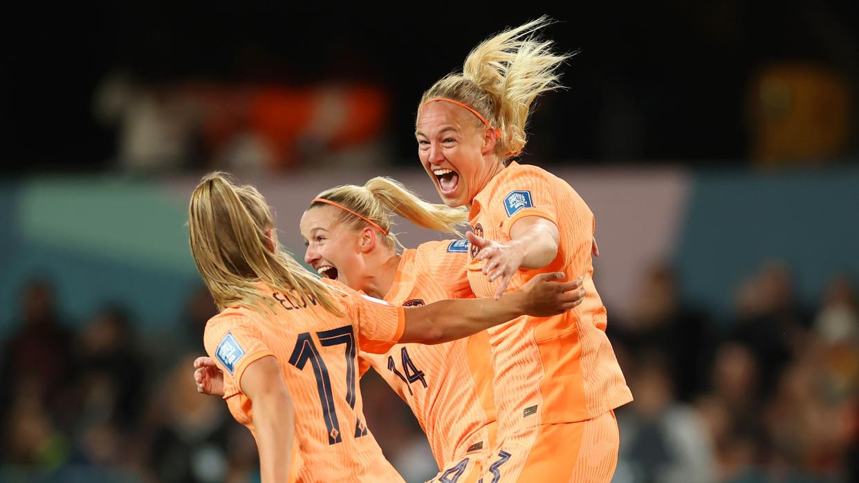  Stefanie Van Der Gragt of Netherlands celebrates after scoring ahead of the Spain vs Netherlands Women's World Cup 2023 quarter-final. 