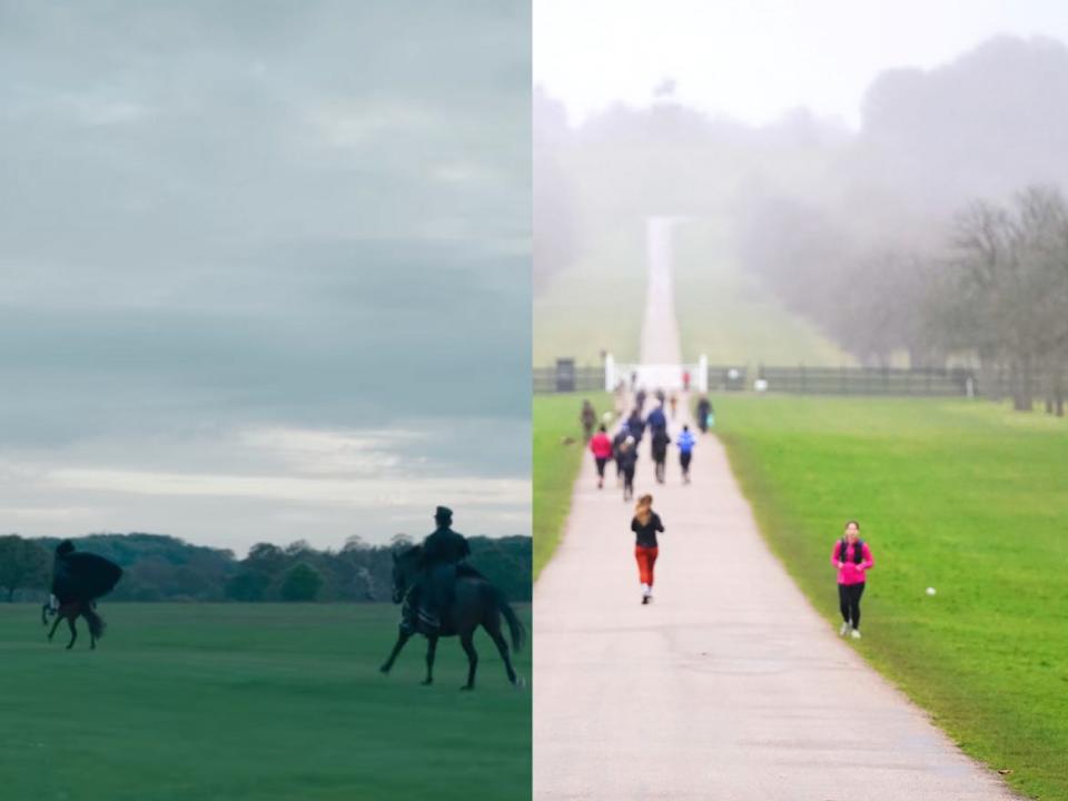 "Bridgerton" actors riding horses in Windsor Great Park (right) and people jogging in the park recreationally (left).