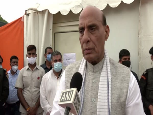 Defence Minister Rajnath Singh speaking to ANI at Narora, UP. (Photo/ANI)